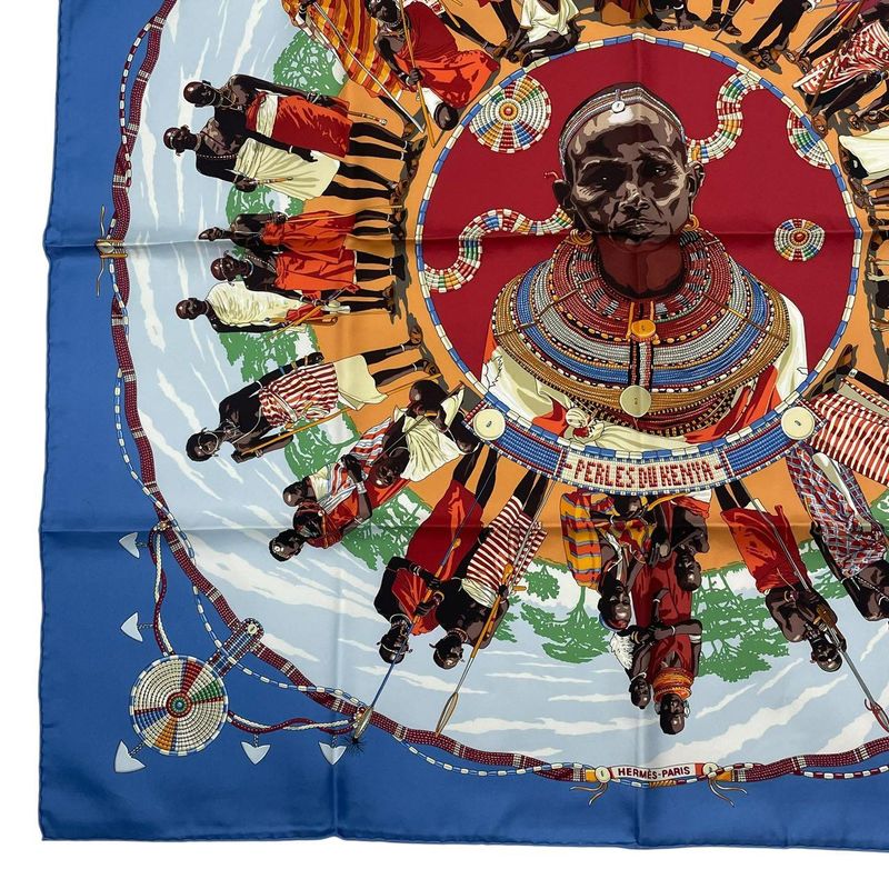 HERMES Carre 90 Silk Scarf Perles DU Kenya Pearls Of Kenya Blue - Box Included