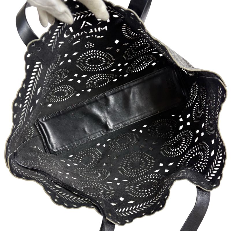 PRADA Punching Leather Tote Bag With Pouch Cutwork Black Leather