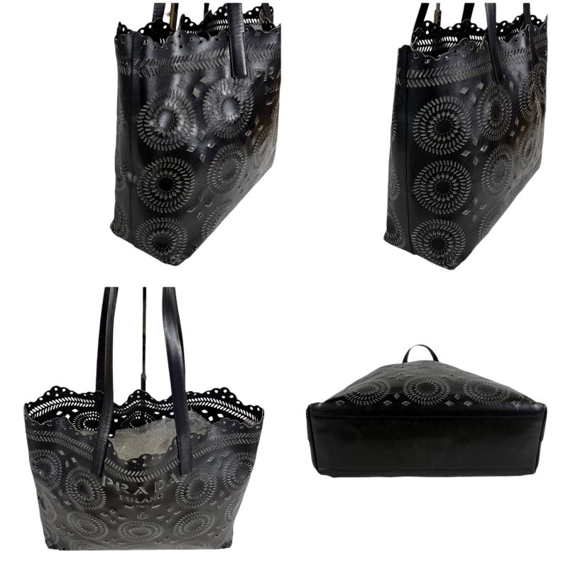 PRADA Punching Leather Tote Bag With Pouch Cutwork Black Leather