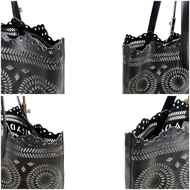 PRADA Punching Leather Tote Bag With Pouch Cutwork Black Leather