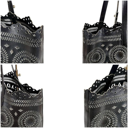 PRADA Punching Leather Tote Bag With Pouch Cutwork Black Leather