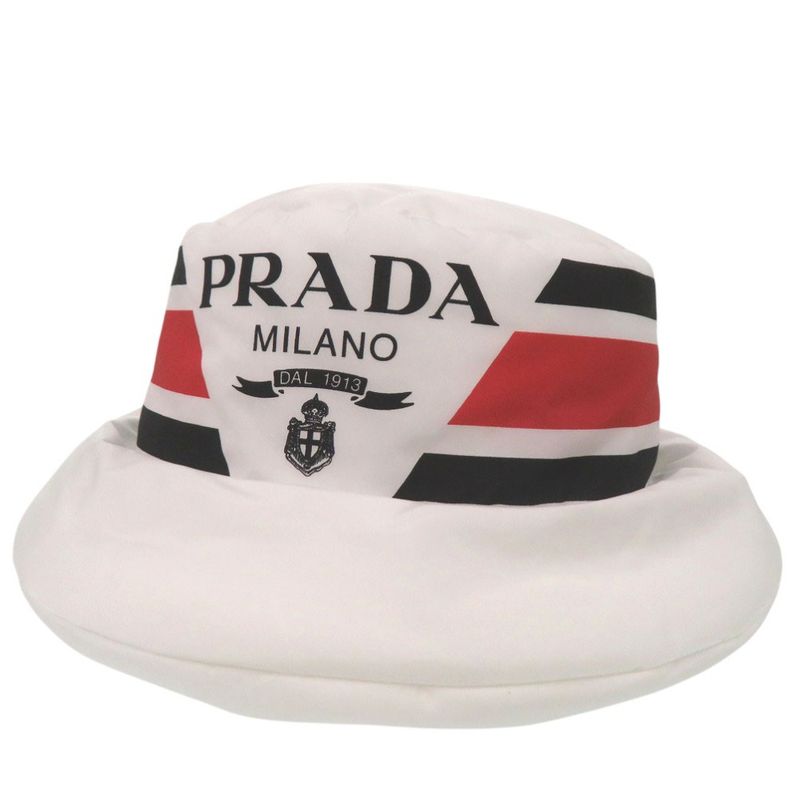 PRADA Re Nylon Logo Print Volume Bucket Hat Polyester Polyamide White 0674 PRADA