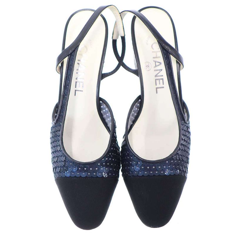 CHANEL Sequins Ring Back Shoes Sandals Navy - 35