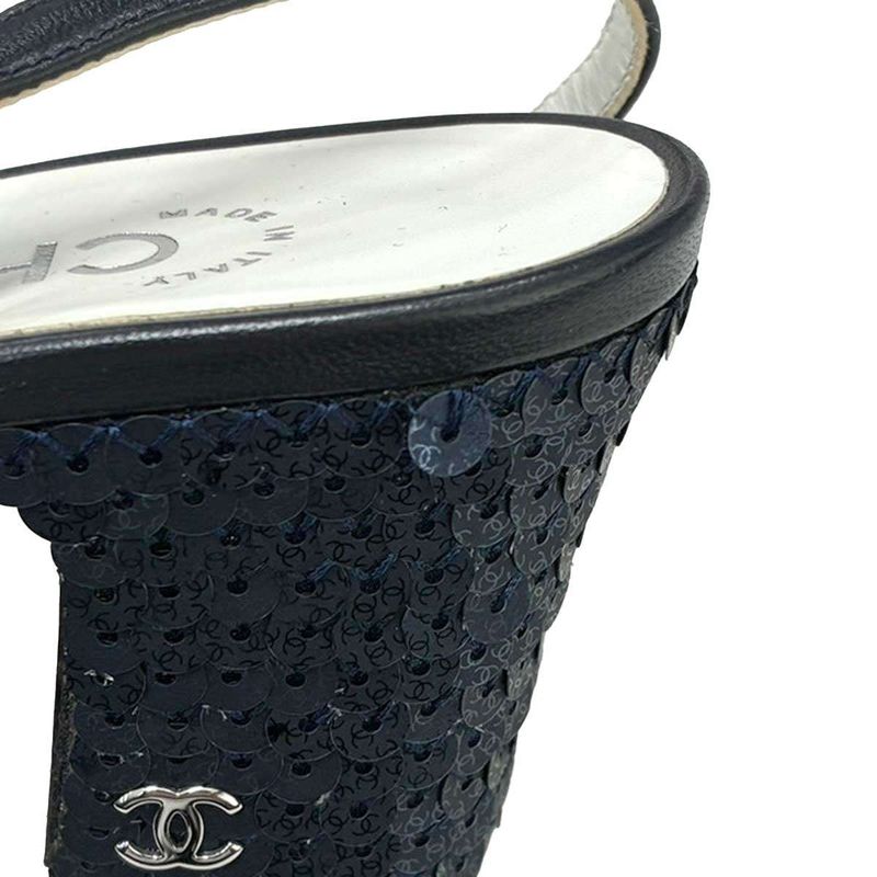 CHANEL Sequins Ring Back Shoes Sandals Navy - 35