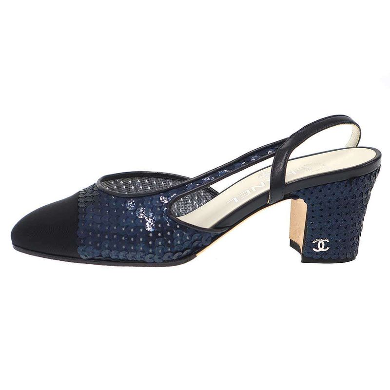CHANEL Sequins Ring Back Shoes Sandals Navy - 35