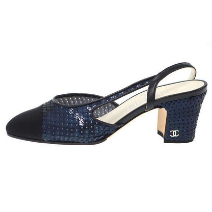 CHANEL Sequins Ring Back Shoes Sandals Navy - 35