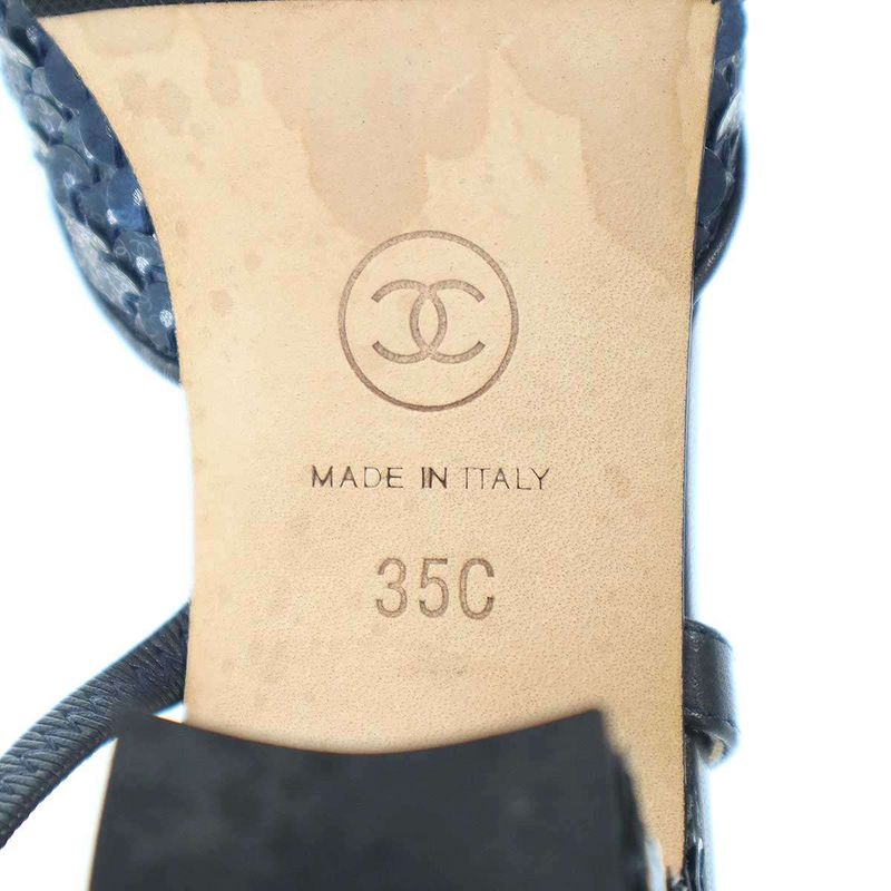 CHANEL Sequins Ring Back Shoes Sandals Navy - 35