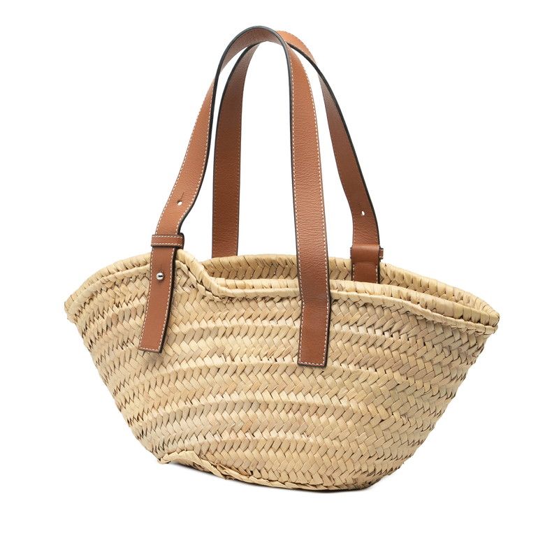 LOEWE Paula Basket Smiley Wink Tote Bag Handbag Beige Brown Straw Leather