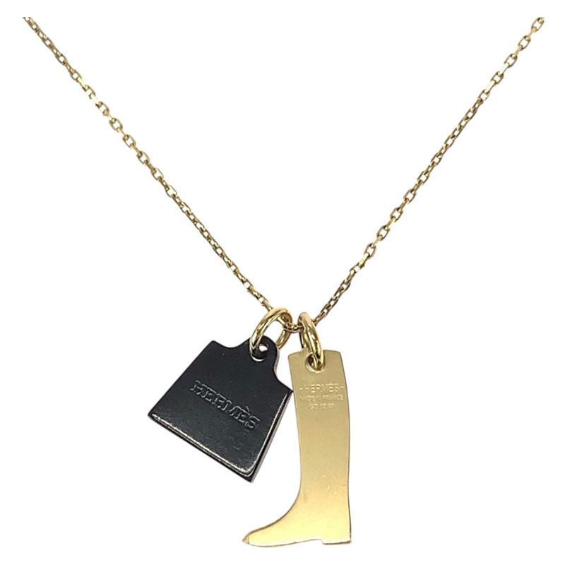 HERMES Amulet Marokinier Gold Black Metal Buffalo Horn Necklace Pendant Women's