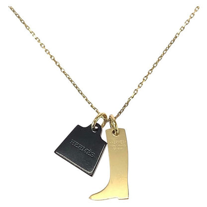 HERMES Amulet Marokinier Gold Black Metal Buffalo Horn Necklace Pendant Women's