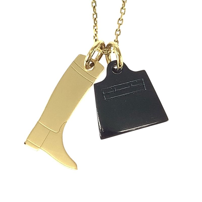 HERMES Amulet Marokinier Gold Black Metal Buffalo Horn Necklace Pendant Women's