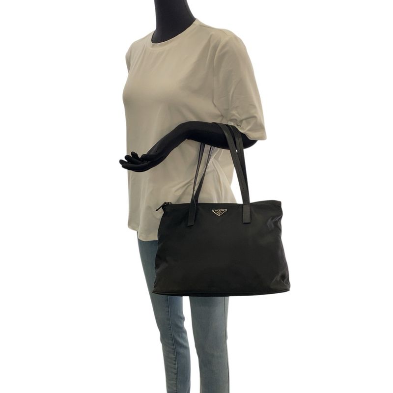 PRADA Tessuto Triangle Logo Plate Black Silver Hardware Nylon Leather Tote Bag