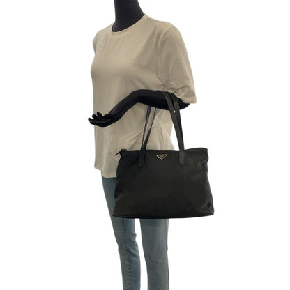 PRADA Tessuto Triangle Logo Plate Black Silver Hardware Nylon Leather Tote Bag