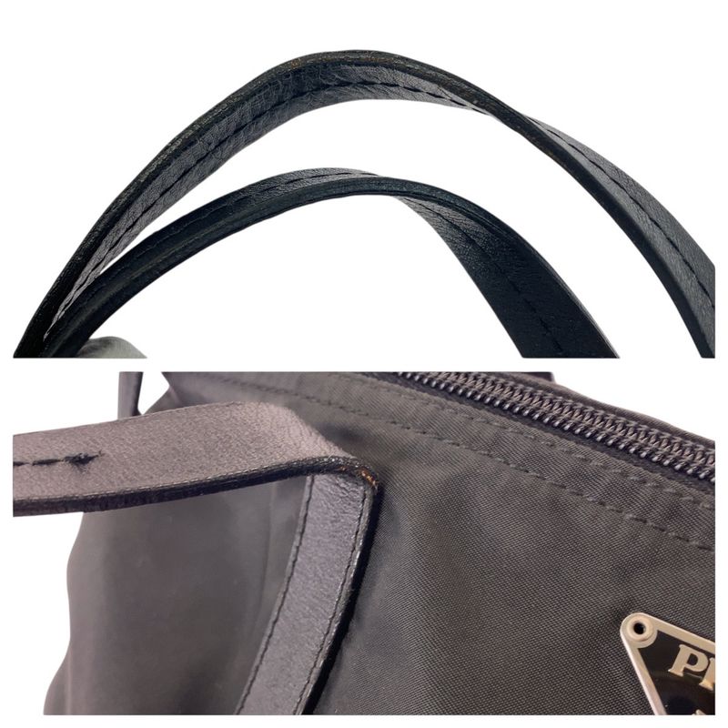 PRADA Tessuto Triangle Logo Plate Black Silver Hardware Nylon Leather Tote Bag