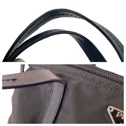PRADA Tessuto Triangle Logo Plate Black Silver Hardware Nylon Leather Tote Bag