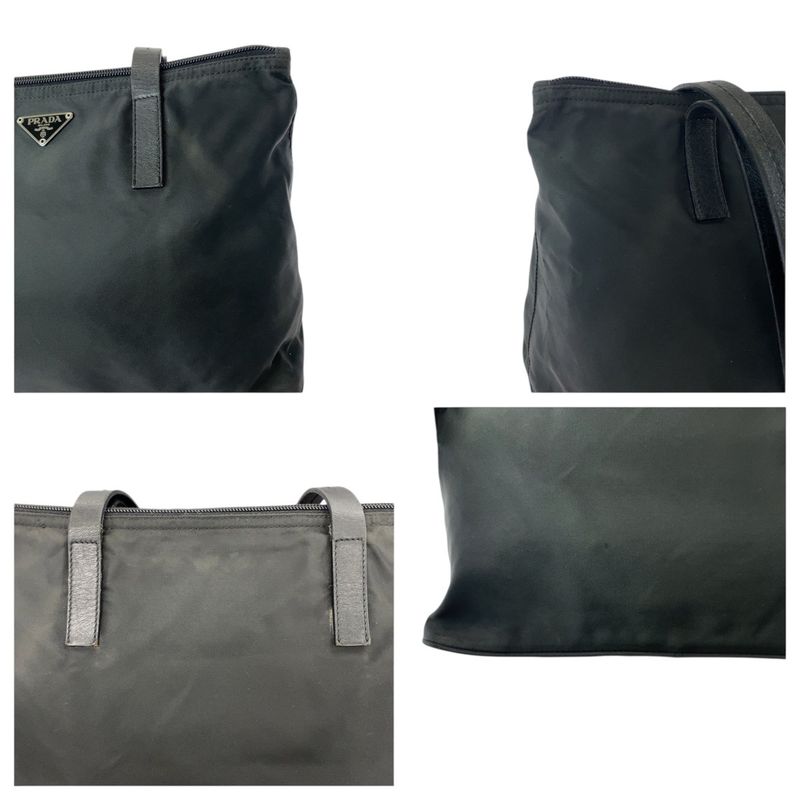 PRADA Tessuto Triangle Logo Plate Black Silver Hardware Nylon Leather Tote Bag