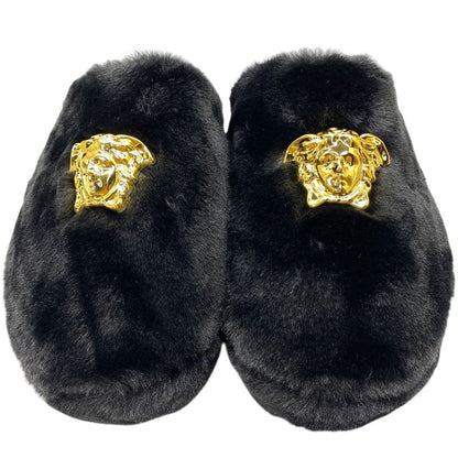 VERSACE Slippers Monsieur Medusa Faux Fur Black [size 37 (approx 23.5cm
