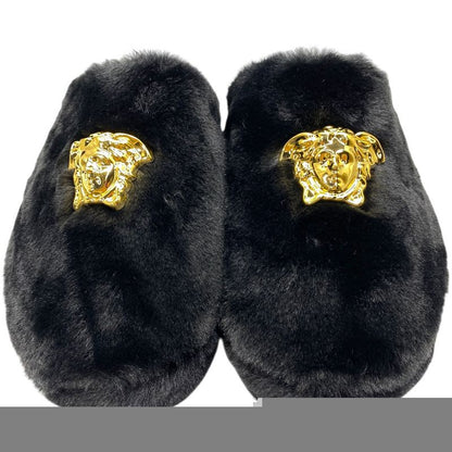 VERSACE Slippers Monsieur Medusa Faux Fur Black [size 41 (approx 26cm