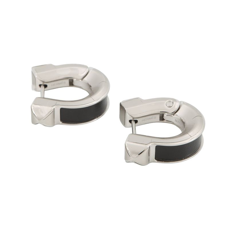 Hermes Earrings Joquette PM Black Silver Box Calf Metal