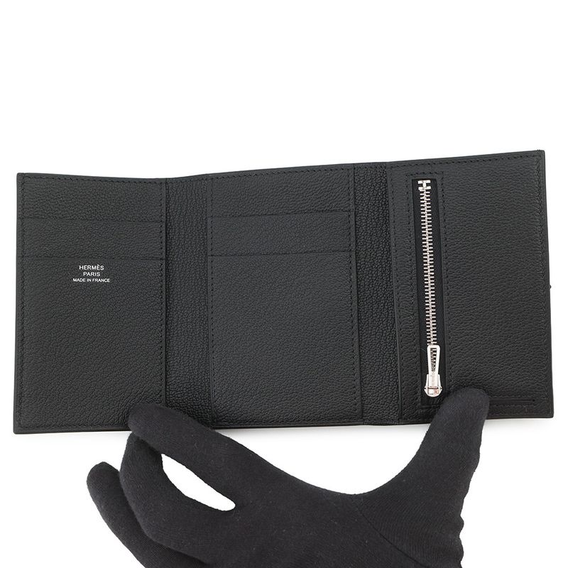 Hermes Trifold Wallet Bearn Combination Black Silver