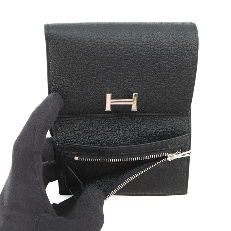 Hermes Trifold Wallet Bearn Combination Black Silver