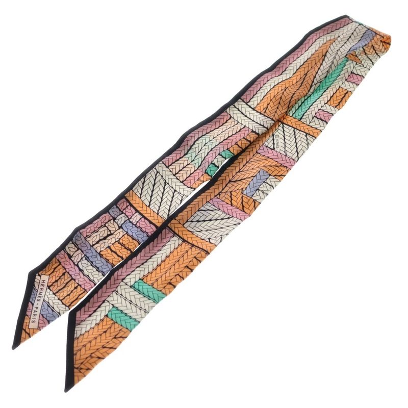 HERMES Twilly-tres H Apricot Silk Scarf Multicolor