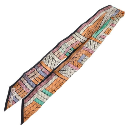 HERMES Twilly-tres H Apricot Silk Scarf Multicolor