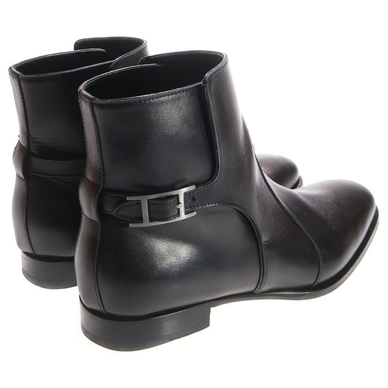 HERMES Portland Shorts Leather Ankle Boots H Buckle Black