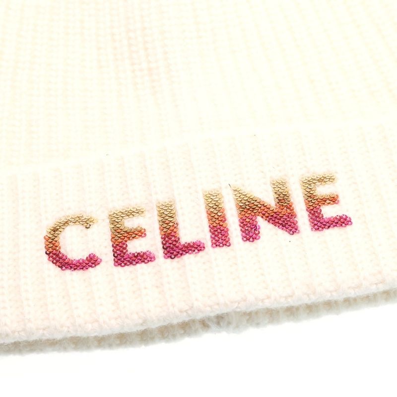 CELINE 22AW Gradient Logo Embroidered Beanie Knit Hat 2a07z666q White