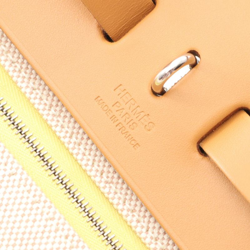 HERMES Handbag Herbag Her Bag Zip PM Lime Natural Ecru Canvas Leather Herbag