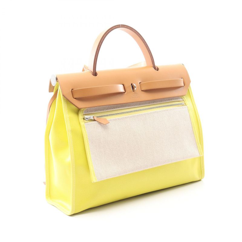 HERMES Handbag Herbag Her Bag Zip PM Lime Natural Ecru Canvas Leather Herbag