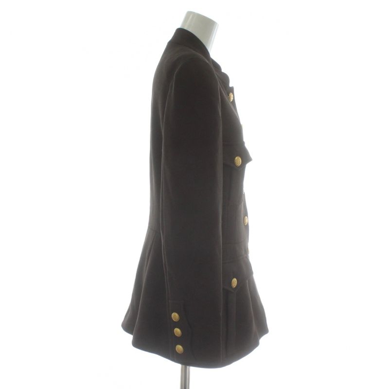 CHANEL 96A Vintage Stand Collar Jacket Wool Fully Lined Shoulder Pad Coco Mark
