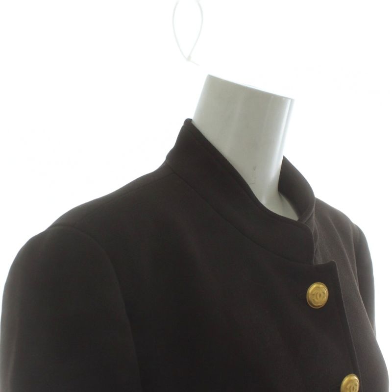 CHANEL 96A Vintage Stand Collar Jacket Wool Fully Lined Shoulder Pad Coco Mark