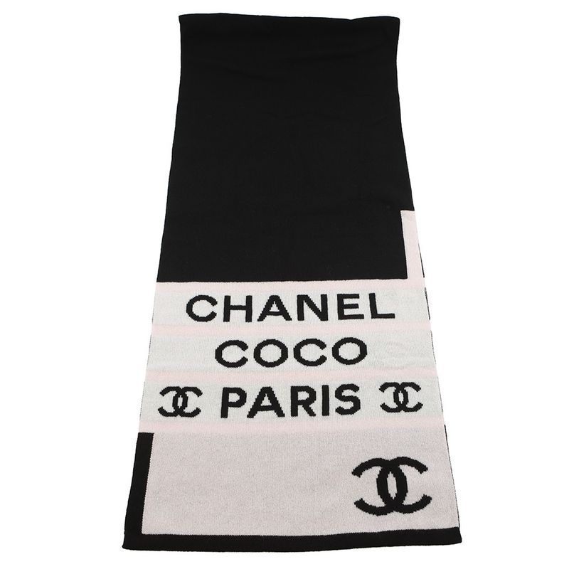 Chanel Scarf CC Logo Cashmere Shawl Black White Black White Pink
