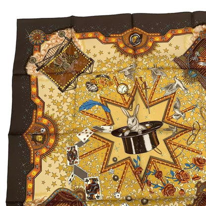 HERMES Carre 90 LA Magie Magic Rabbit Trick Pigeon Clown Silk Brown Box Included