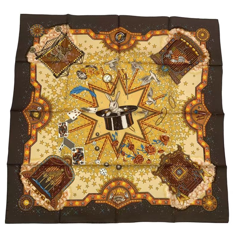 HERMES Carre 90 LA Magie Magic Rabbit Trick Pigeon Clown Silk Brown Box Included