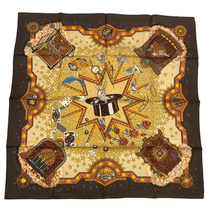 HERMES Carre 90 LA Magie Magic Rabbit Trick Pigeon Clown Silk Brown Box Included