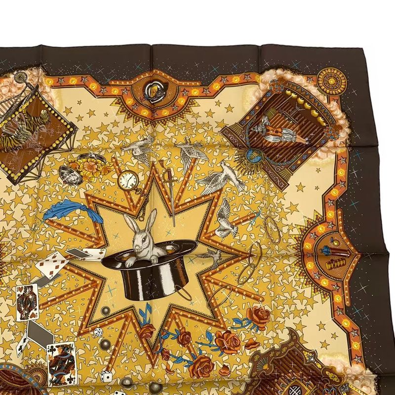 HERMES Carre 90 LA Magie Magic Rabbit Trick Pigeon Clown Silk Brown Box Included