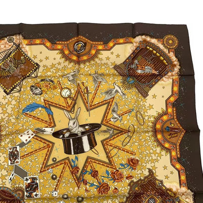 HERMES Carre 90 LA Magie Magic Rabbit Trick Pigeon Clown Silk Brown Box Included