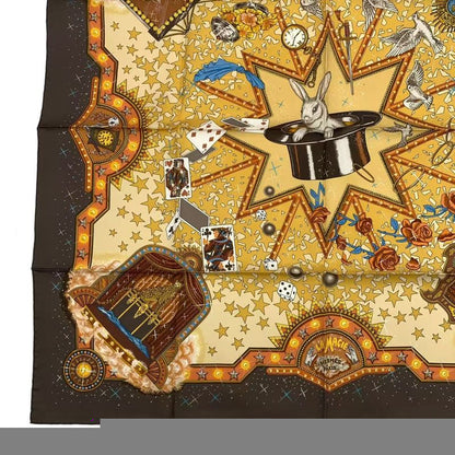 HERMES Carre 90 LA Magie Magic Rabbit Trick Pigeon Clown Silk Brown Box Included