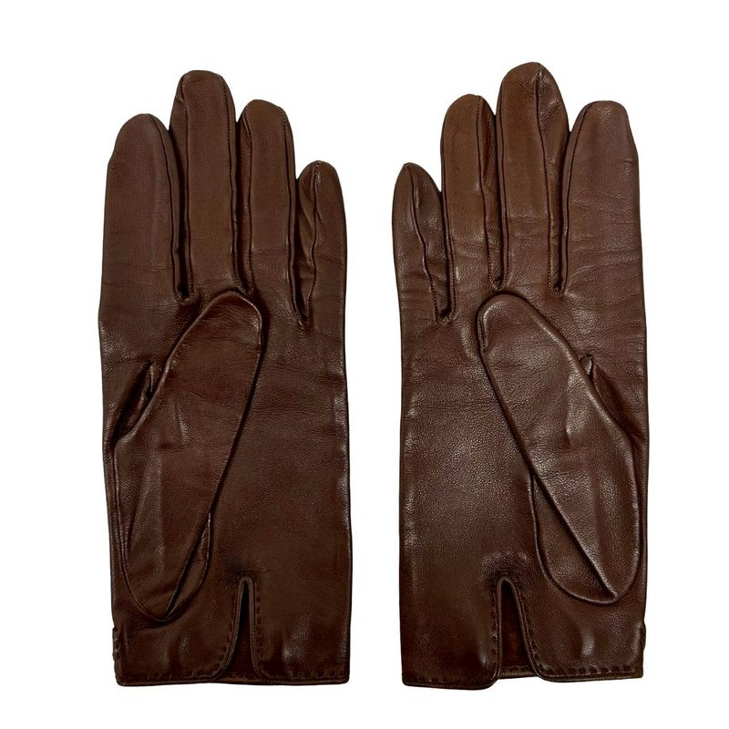 HERMES Gold Twist Hardware Leather Gloves Hand Gloves Women's Brown Tea