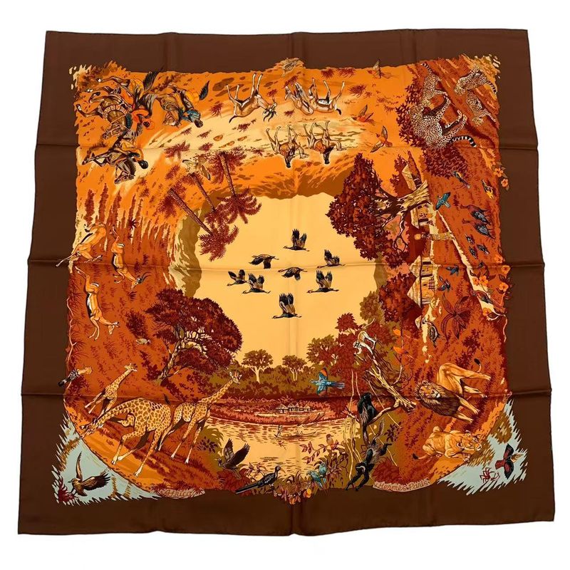 HERMES Scarf Silk Carre 90 Africa Brown Box Included
