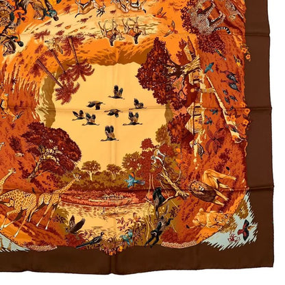 HERMES Scarf Silk Carre 90 Africa Brown Box Included