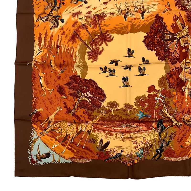 HERMES Scarf Silk Carre 90 Africa Brown Box Included