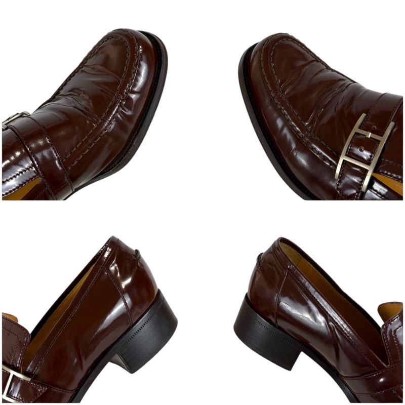 HERMES Loafer Brown Patent Leather Silver Hardware 36 Size