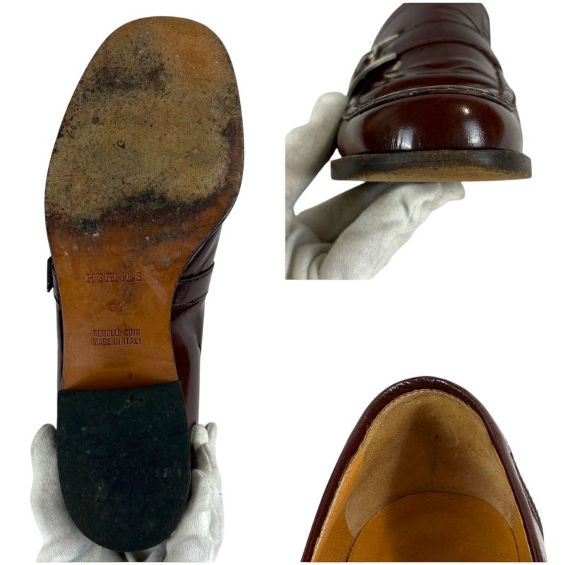 HERMES Loafer Brown Patent Leather Silver Hardware 36 Size