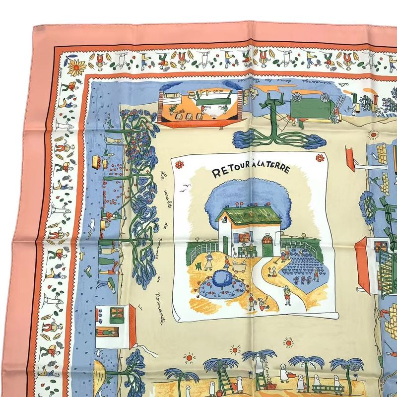 HERMES Carre 90 RE TOUR A LA Terre Return Home Silk Scarf Pink