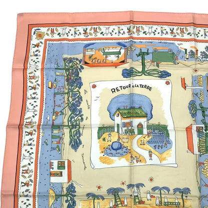 HERMES Carre 90 RE TOUR A LA Terre Return Home Silk Scarf Pink