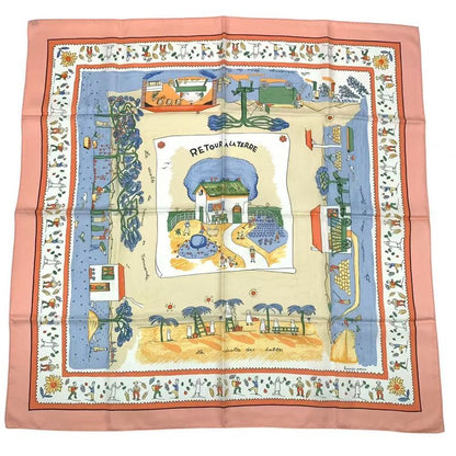 HERMES Carre 90 RE TOUR A LA Terre Return Home Silk Scarf Pink