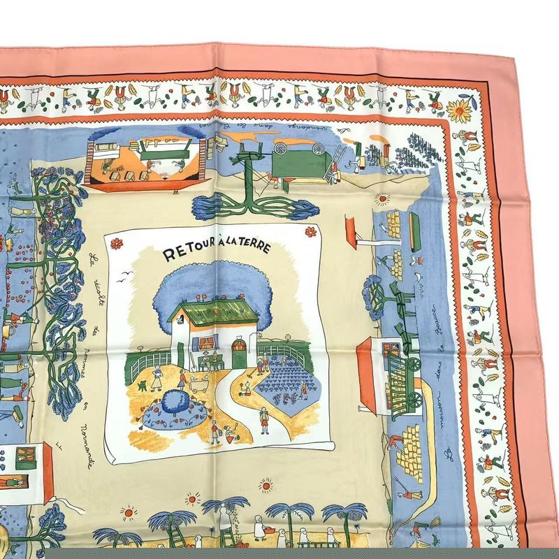 HERMES Carre 90 RE TOUR A LA Terre Return Home Silk Scarf Pink